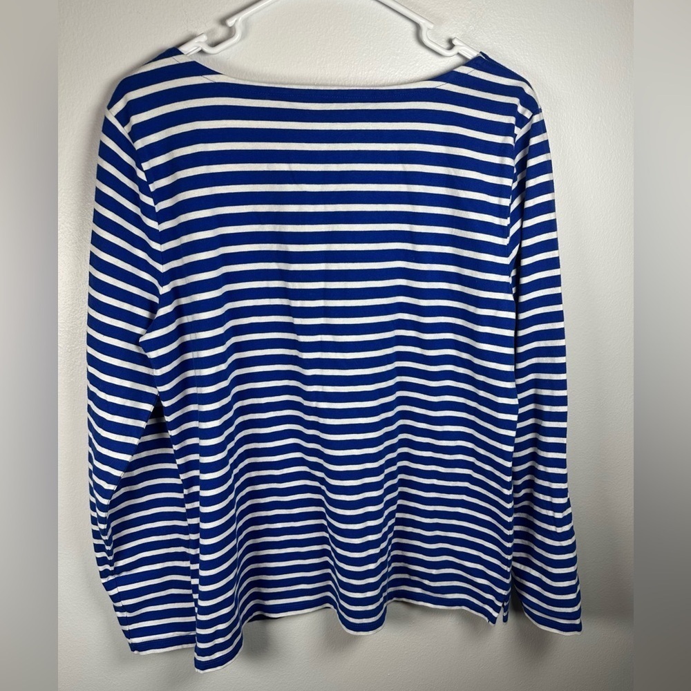 Talbots Embroidered Frenchie Dogs Royal Blue and White Striped Cotton Top sz  L - Picture 5 of 8